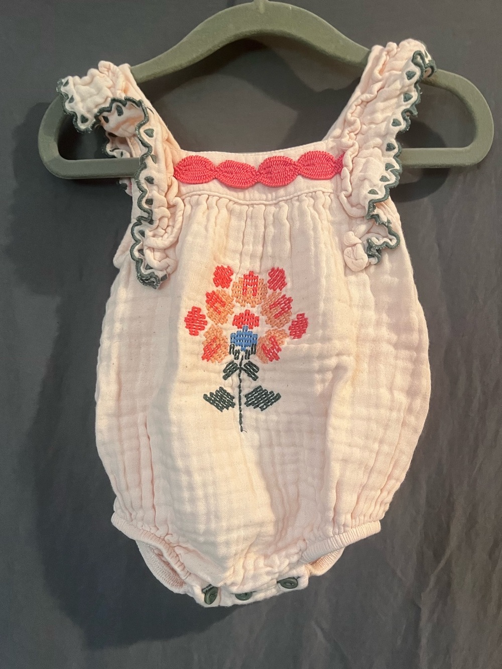 PluPiuChick Pink Baby Girl Embroidered Romper